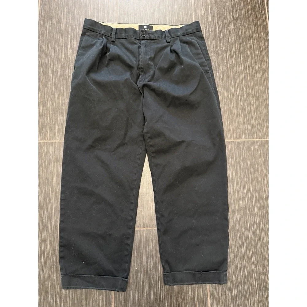Banana Republic Mens Sz 35 Black Pleated Chino Cuffed 90s Stretch Wrinkle Resist